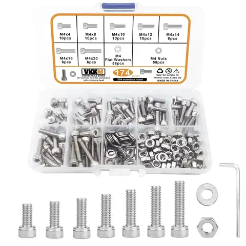 174Pcs M4 Hexagon Head Screw And Nut Set, M4 X 4/8/10/12/14/16/20mm Stainless Steel Screw Set, Cup Head Screw With Allen Wrench