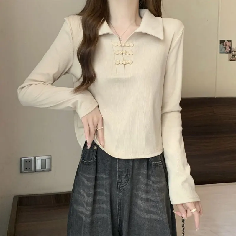 Stylish Chinese Disc Buckle T-shirt Women's Clothing Basic Solid Color Spring Autumn Polo-Neck Casual Slim Long Sleeve Pullovers
Stylish Chinese Disc Buckle T-shirt Women's Clothing Basic Solid Color Spring Autumn Polo-Neck Casual Slim Long Sleeve Pullovers