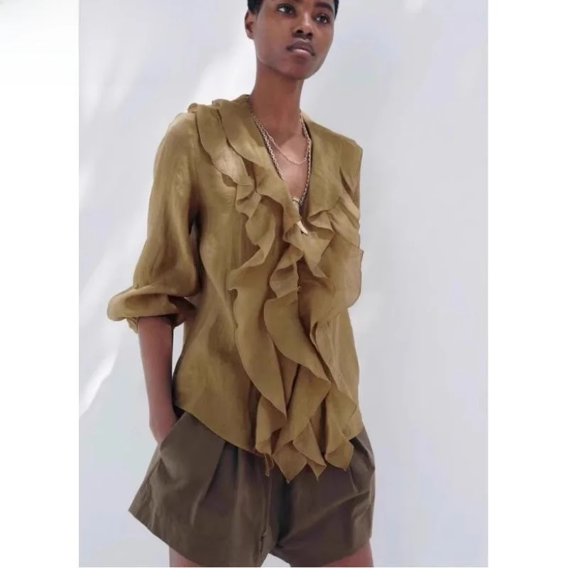 Spring 2025 Women's Layered Decorative Puffy Long Sve V-ne irt Top KISS Commute Loose Fit Regular Sve Length 
Spring 2025 Women's Layered Decorative Puffy Long Sve V-ne irt Top KISS Commute Loose Fit Regular Sve Length