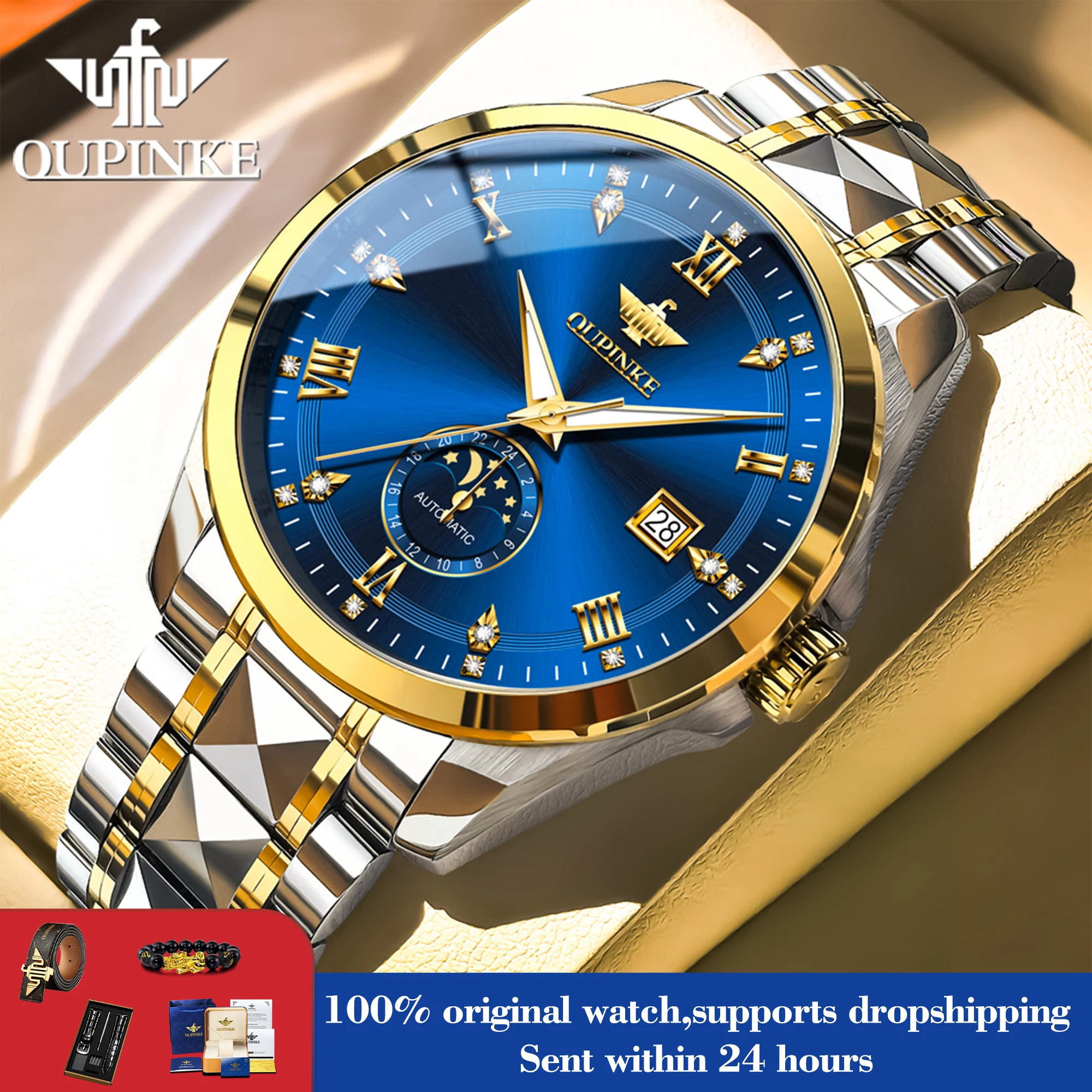 OUPINKE 3265 Watches For Men High Quality Fashion Automatic Mechanical Watch Sapphire Mirror 50M Waterproof Moon Phase Watch
OUPINKE 3265 Watches For Men High Quality Fashion Automatic Mechanical Watch Sapphire Mirror 50M Waterproof Moon Phase Watch