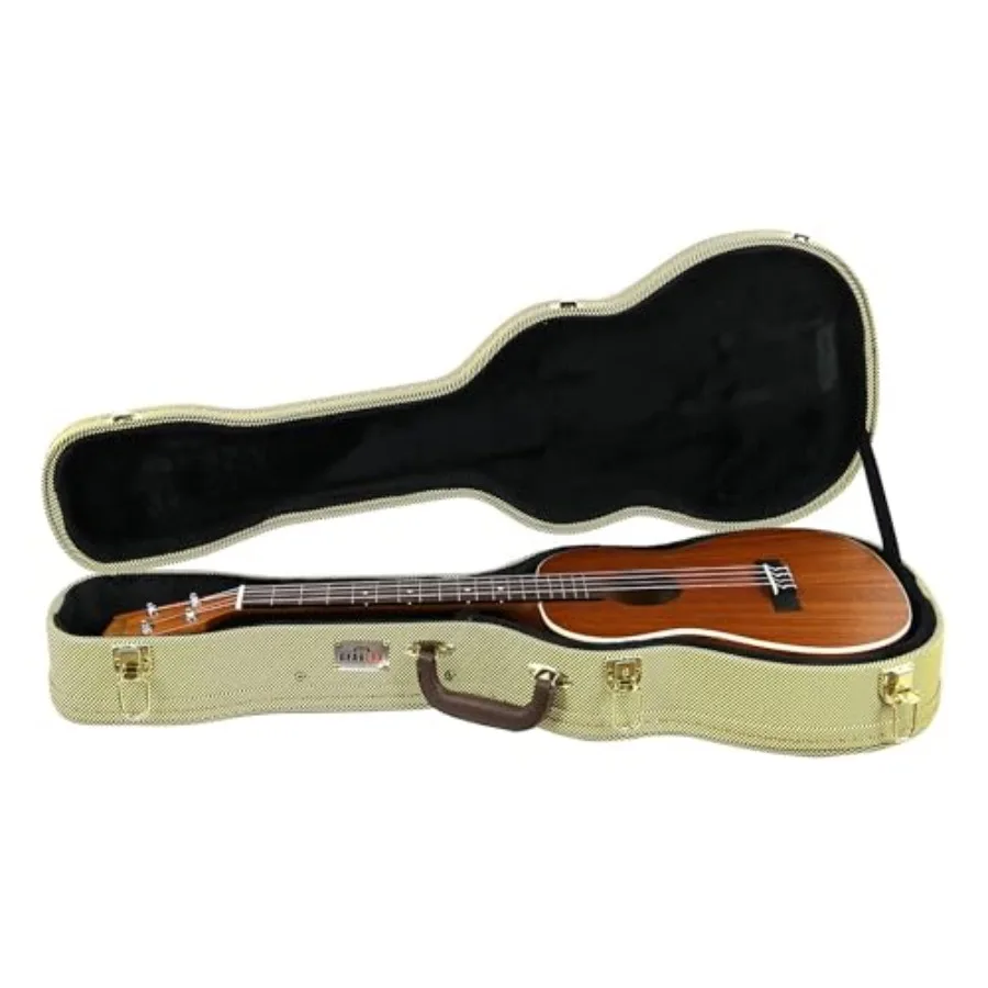 Baritone ukulele case for travel and storage, wood construction, tweed exterior, secure lock-and-key closure, PVC handle, plush
Baritone ukulele case for travel and storage, wood construction, tweed exterior, secure lock-and-key closure, PVC handle, plush