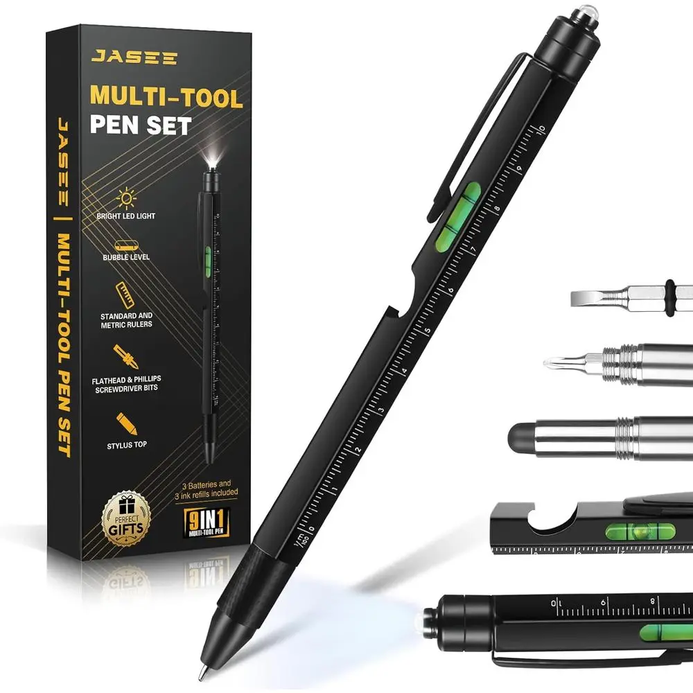 9-in-1 Multi-Tool Set: Pen, Screwdriver, LED Light, Stylus, Bottle Opener, Ruler, Level - Black
9-in-1 Multi-Tool Set: Pen, Screwdriver, LED Light, Stylus, Bottle Opener, Ruler, Level - Black