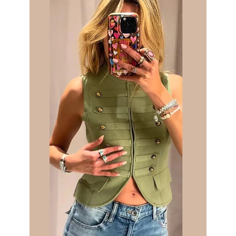 BKQU Vintage Knitted Women’s Vest Elegant Slim O-neck Sleeveless Metal Decoration Buckle Cardigan Tops Lady Summer Street Tanks
BKQU Vintage Knitted Women’s Vest Elegant Slim O-neck Sleeveless Metal Decoration Buckle Cardigan Tops Lady Summer Street Tanks