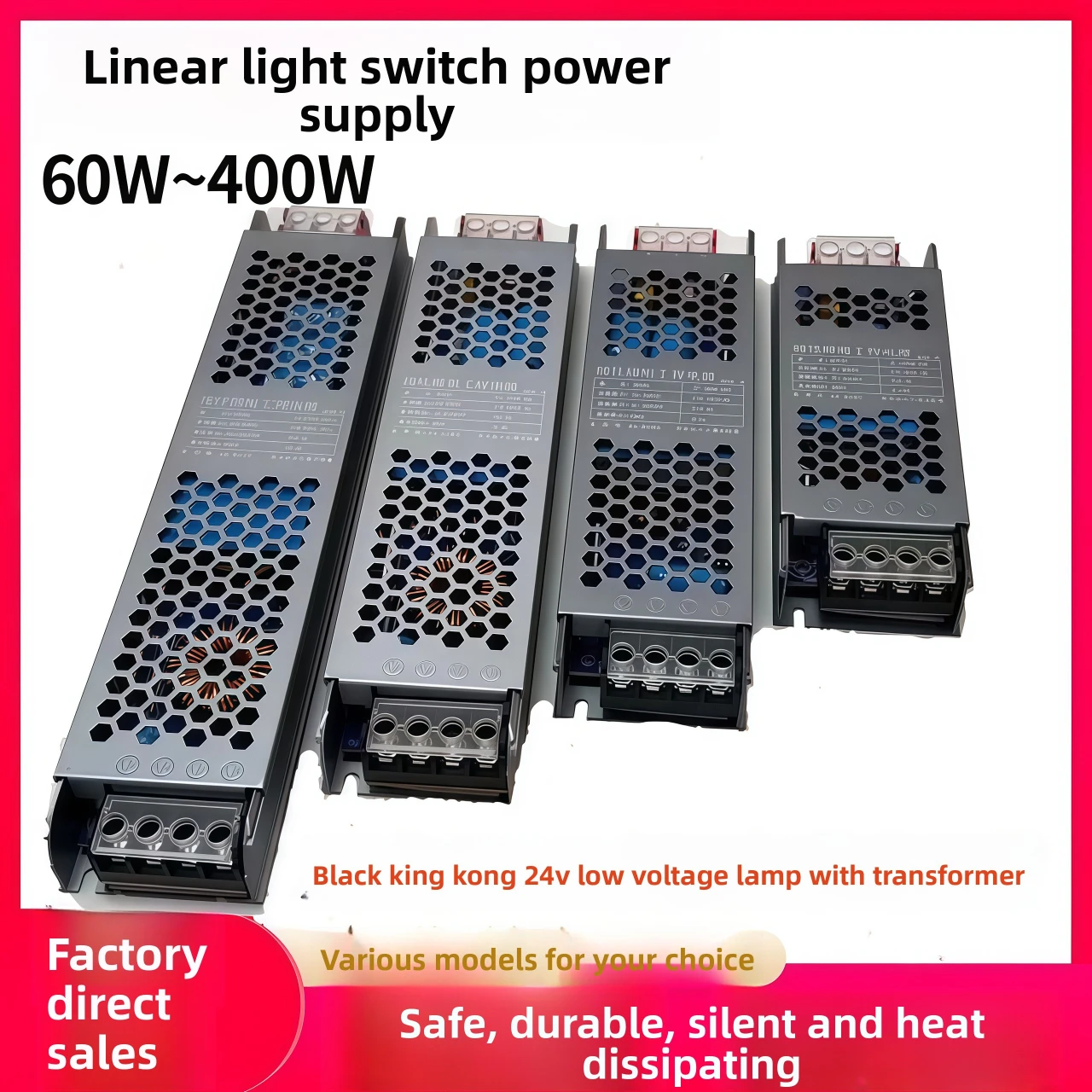 DC 12V 24V LED Power Supply AC190-240V Mute Lighting Transformers 60W 100W 200W 300W 400W LED Light Driver Power Adapter
DC 12V 24V LED Power Supply AC190-240V Mute Lighting Transformers 60W 100W 200W 300W 400W LED Light Driver Power Adapter