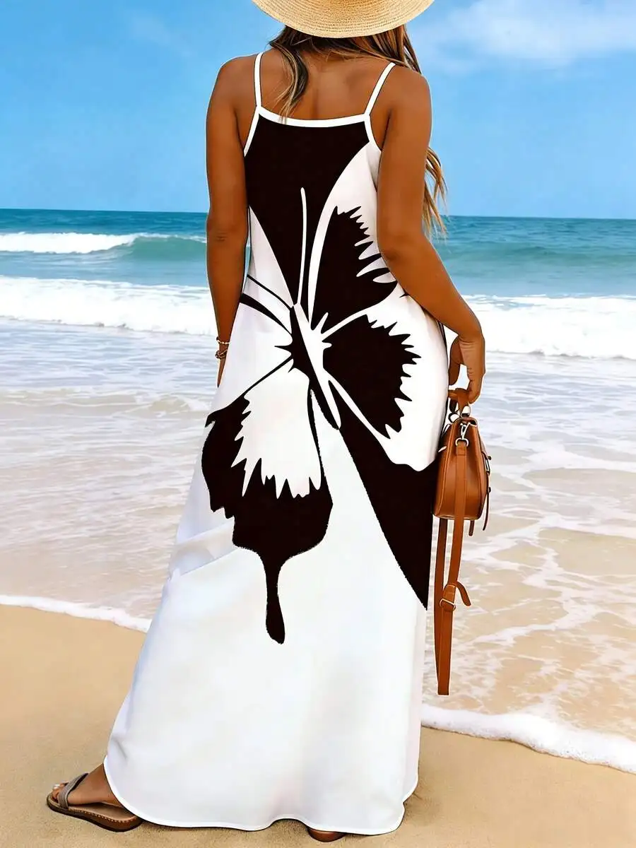 V Neck Sleeveless Maxi Dress With Bold Black White Floral Print For Beach Party
V Neck Sleeveless Maxi Dress With Bold Black White Floral Print For Beach Party