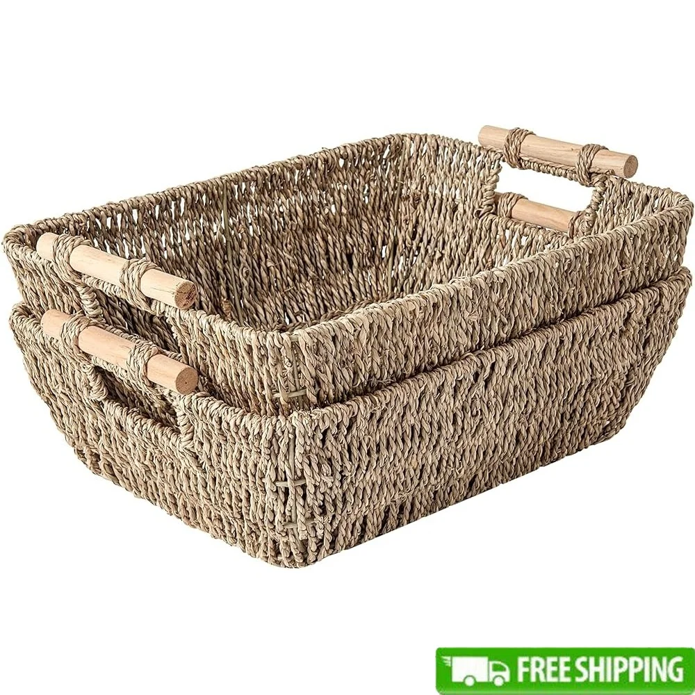 Hand Woven Storage Baskets Natural Seagrass Wicker Baskets with Wooden Handles Home Organization Bins 2 Pack Stackable
Hand Woven Storage Baskets Natural Seagrass Wicker Baskets with Wooden Handles Home Organization Bins 2 Pack Stackable