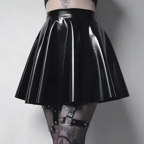 Womens Shiny PVC  Patent Leather Skirt Sexy Wet Look Leather Pleated Skirt Front Bodycon Elastic Latex Mini Short Skirt