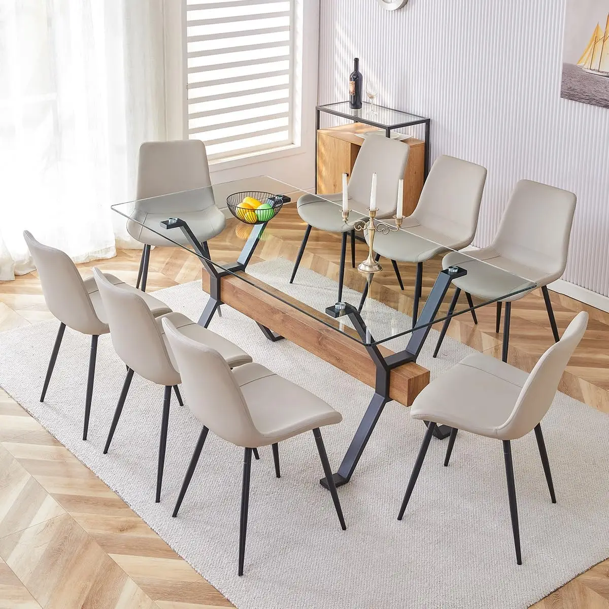 9 Piece Glass Dining Table Set, Kitchen Table Chairs Set for 8, 71'' Dining Table with 0.4" Tempered Glass Tabletop with Plated
9 Piece Glass Dining Table Set, Kitchen Table Chairs Set for 8, 71'' Dining Table with 0.4" Tempered Glass Tabletop with Plated