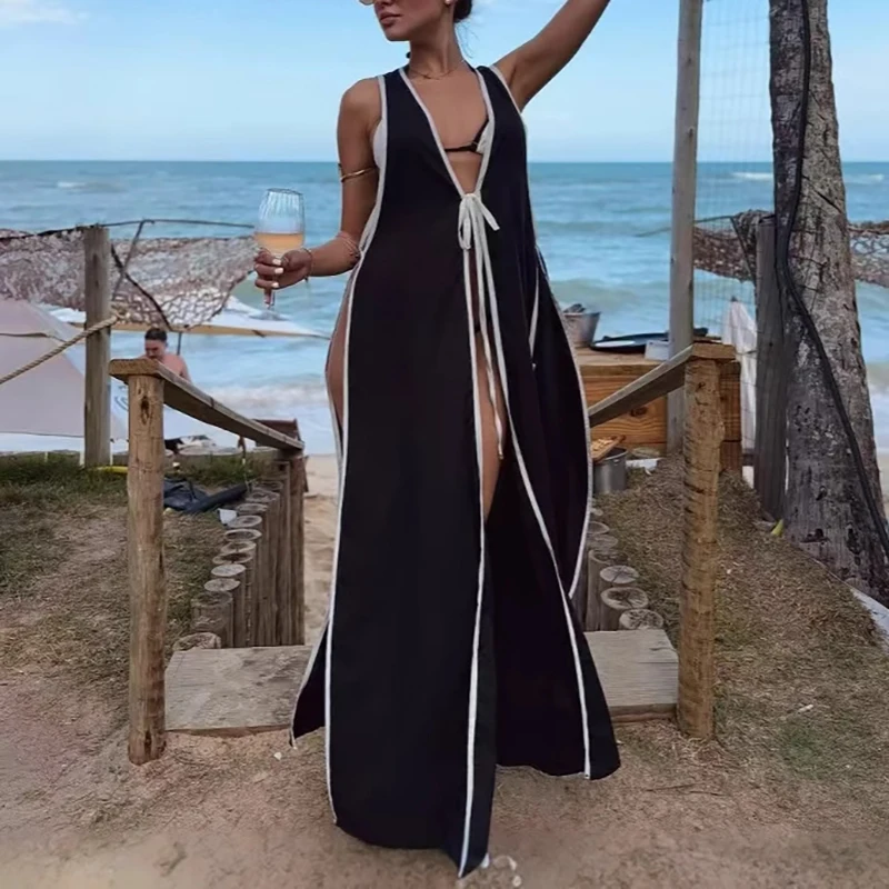 Sexy Hollow Sleeveless Tie Up Boho Dress Women V Neck Beach Vacation Long Dresses Retro Contrast Color Side Split Cover-up Dress
Sexy Hollow Sleeveless Tie Up Boho Dress Women V Neck Beach Vacation Long Dresses Retro Contrast Color Side Split Cover-up Dress