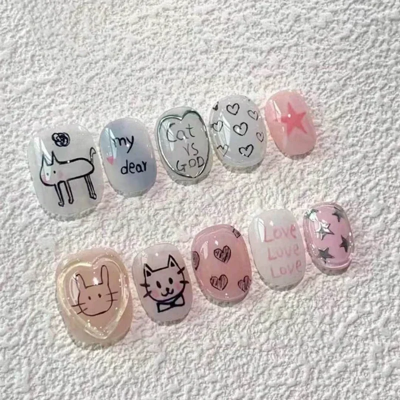 Cute Cat Pure hand-made Fake nails irregular hand-painted translucency false nail love heart Short T Nail Press On Decoration
Cute Cat Pure hand-made Fake nails irregular hand-painted translucency false nail love heart Short T Nail Press On Decoration