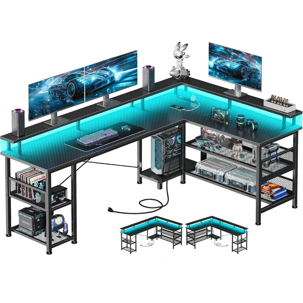 66" L Shaped Gaming Desk with Power Outlet and LED Lights, PC Gaming Table with Carbon Fiber Texture, Reversible L Shape Desk w
66" L Shaped Gaming Desk with Power Outlet and LED Lights, PC Gaming Table with Carbon Fiber Texture, Reversible L Shape Desk w