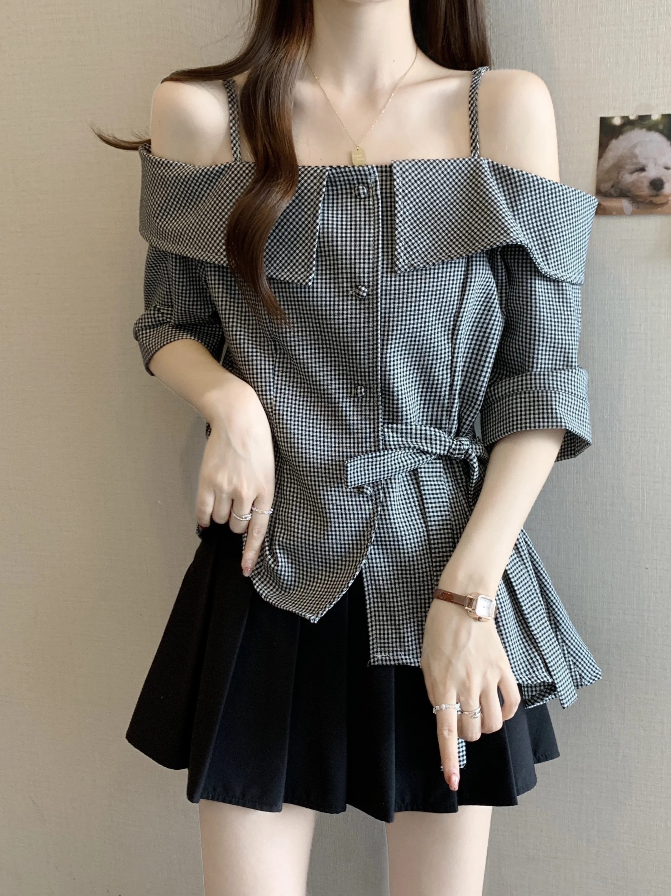 plus Size Plaid irt oulder Bared Turn-down Collar Women's Summer Slimming High Waist Tie Waist ort Sve Blouse
plus Size Plaid irt oulder Bared Turn-down Collar Women's Summer Slimming High Waist Tie Waist ort Sve Blouse