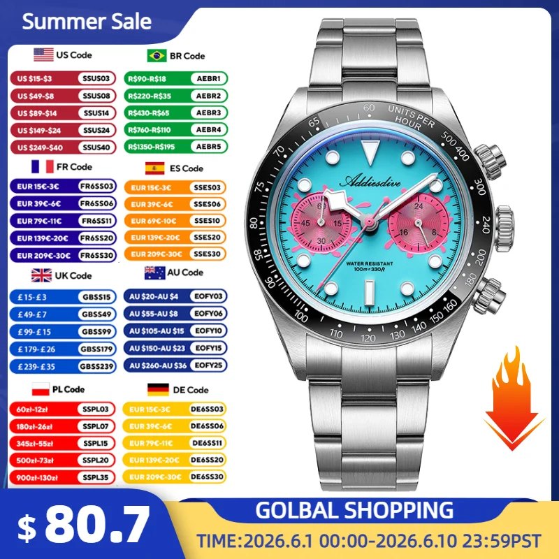 ADDIESDIVE Watches AD2520 Men VK64 Quartz Chronograph Watch Luminous Ceramic Bezel 40mm Bubble Glass 100m Waterproof Wristwatch
ADDIESDIVE Watches AD2520 Men VK64 Quartz Chronograph Watch Luminous Ceramic Bezel 40mm Bubble Glass 100m Waterproof Wristwatch
