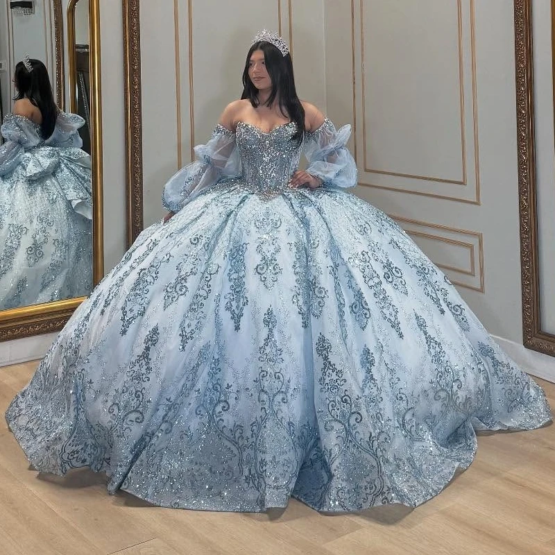 Light Blue Shiny Princess Off the Shoulder Sweet 16 Dress Quinceanera Dresses Sequin Applique Lace Beads Bow Tull Party Birthday
Light Blue Shiny Princess Off the Shoulder Sweet 16 Dress Quinceanera Dresses Sequin Applique Lace Beads Bow Tull Party Birthday
