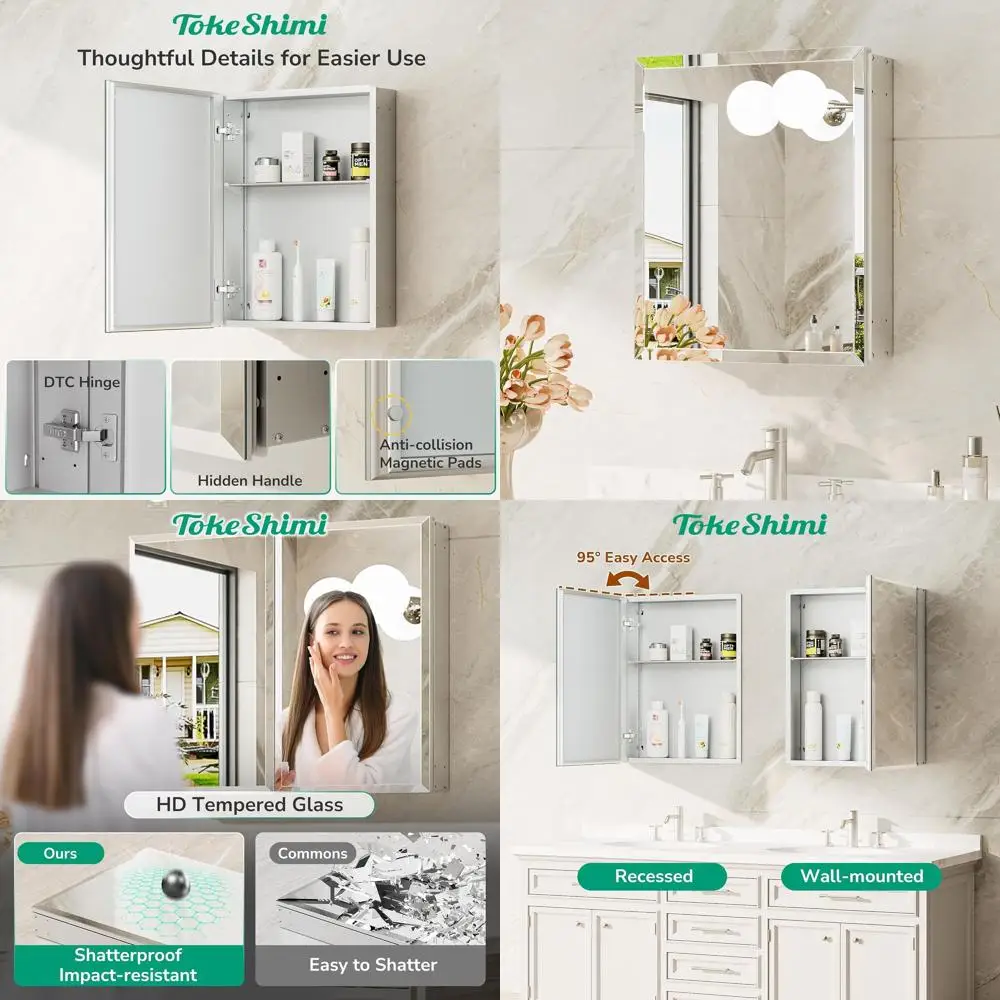 14x18 Inch Recessed Medicine Cabinet with Mirror, Assembly Needed, Silver Finish, Tempered Glass, Adjustable Shelves
14x18 Inch Recessed Medicine Cabinet with Mirror, Assembly Needed, Silver Finish, Tempered Glass, Adjustable Shelves