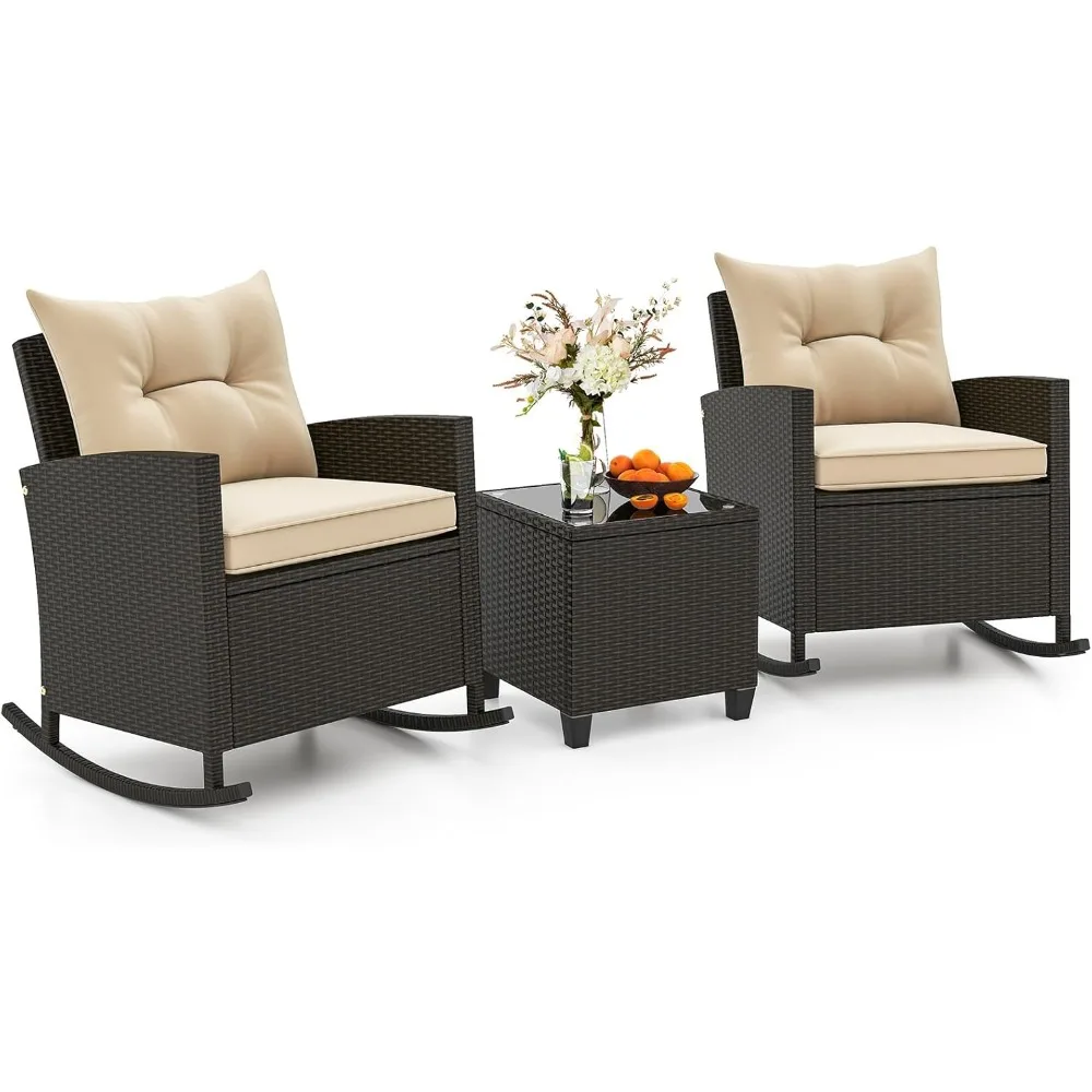 3 Piece Wicker Rocking Set, Patio Rattan Roker Chairs with Tempered Glass Table & Soft Cushions, Outdoor Furniture Set for Back
3 Piece Wicker Rocking Set, Patio Rattan Roker Chairs with Tempered Glass Table & Soft Cushions, Outdoor Furniture Set for Back