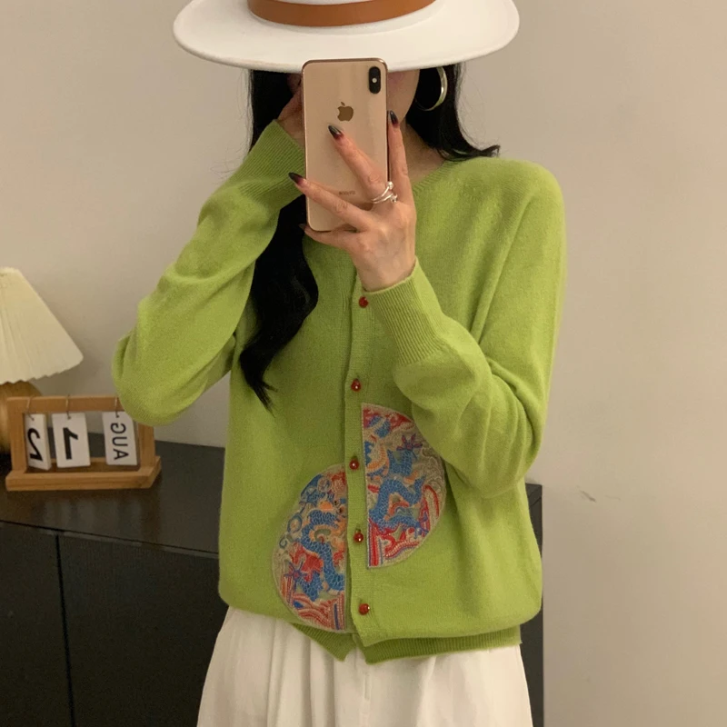 Легкий женский однотонный кардиган из 100% шерсти с круглым вырезом в китайском стиле, экuding Ancient Rhymes 
Легкий женский однотонный кардиган из 100% шерсти с круглым вырезом в китайском стиле, экuding Ancient Rhymes