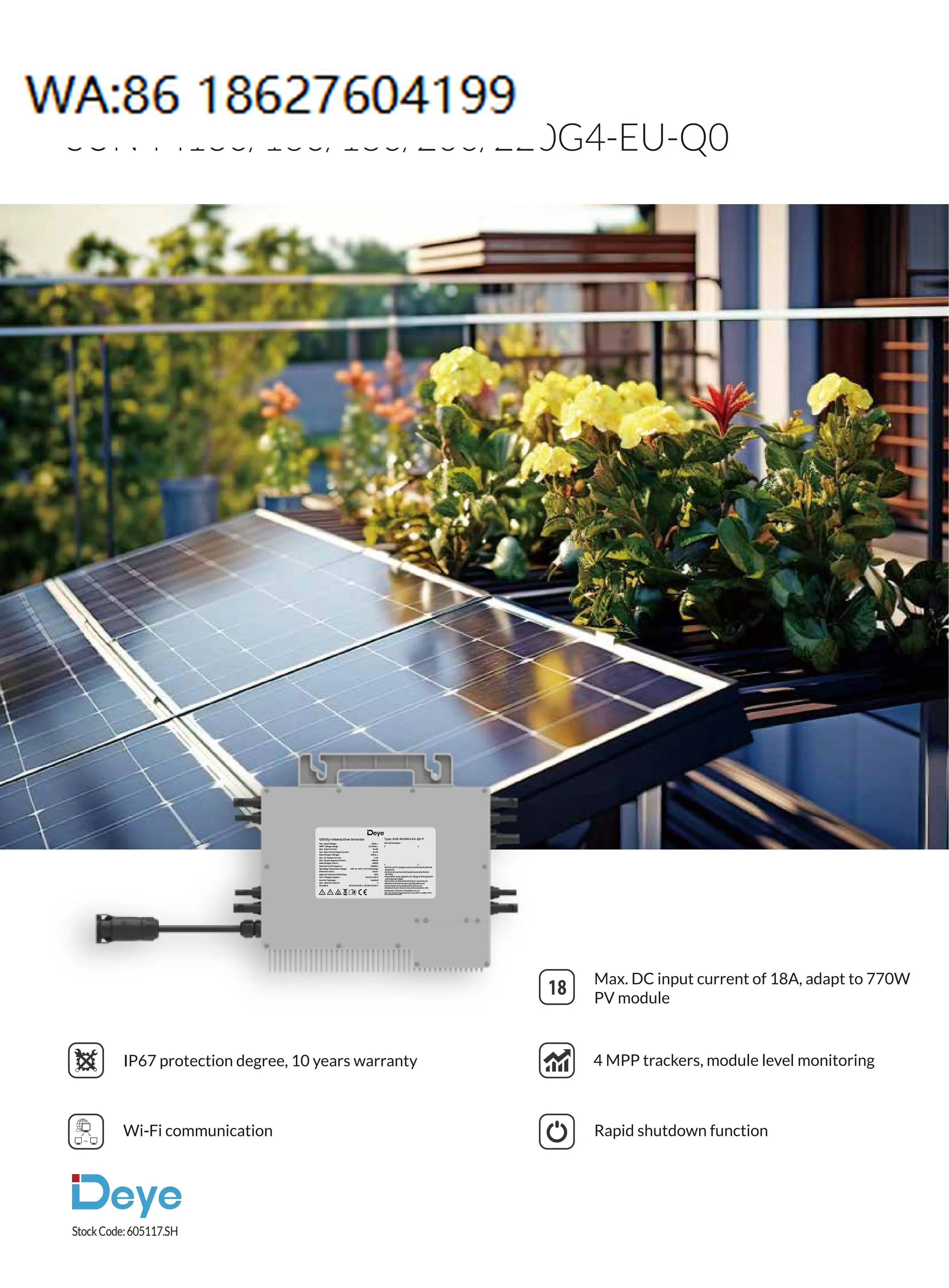 IP67 Waterproof 4 MPPT Grid Tie Micro Inverter Rapid Shutdown Module Level Monitoring 10 Years Warranty EU Standard PV System
IP67 Waterproof 4 MPPT Grid Tie Micro Inverter Rapid Shutdown Module Level Monitoring 10 Years Warranty EU Standard PV System