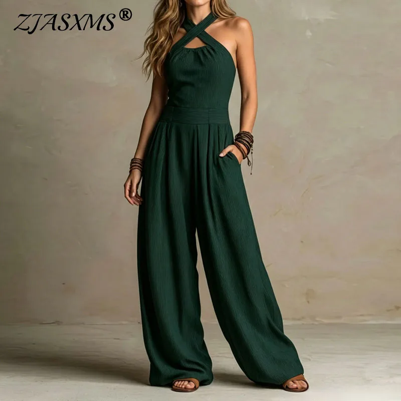 Boho Halter Neck Wide Leg Jumpsuits Women Crisscross Neckline High Waist Pleated Sleeveless One-Piece Set Casual Pockets Rompers
Boho Halter Neck Wide Leg Jumpsuits Women Crisscross Neckline High Waist Pleated Sleeveless One-Piece Set Casual Pockets Rompers