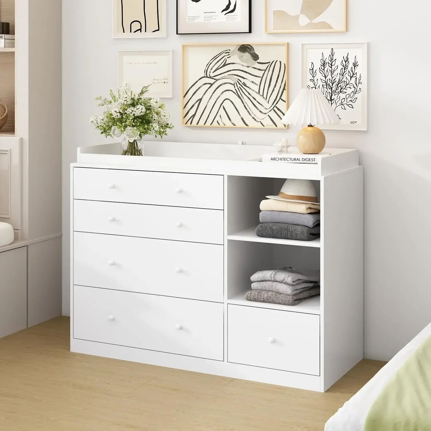 Dresser with 5 Drawers, White Chest of Drawers with Open Shelves, Modern 5 Drawer Chest with Knobs
Dresser with 5 Drawers, White Chest of Drawers with Open Shelves, Modern 5 Drawer Chest with Knobs