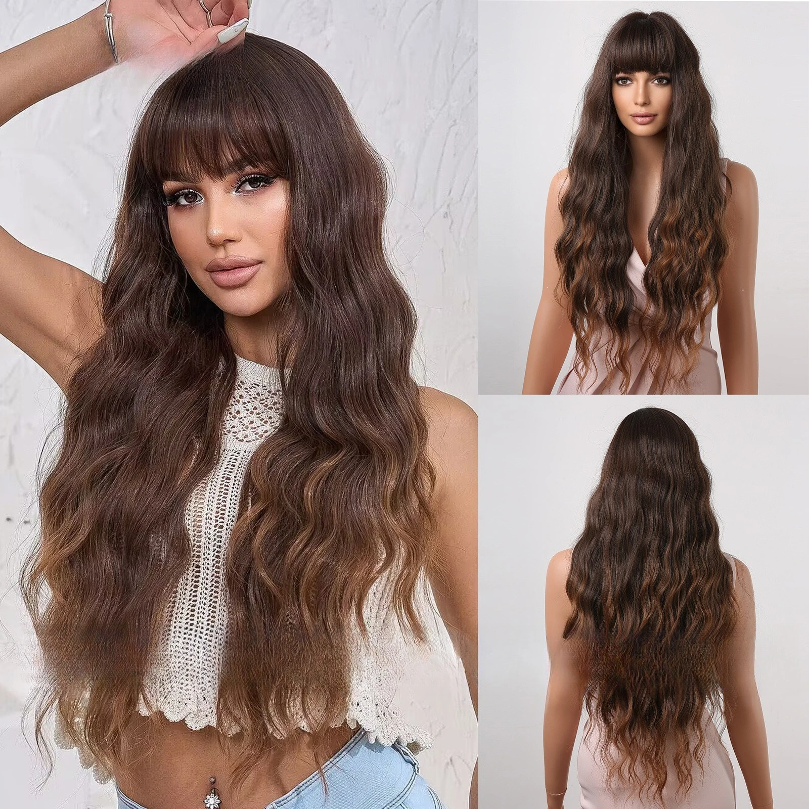 Модный и элегантный синтетический парик в евро-американском стиле с градиентным коричневым оттенком, кудрявыми длинными волосами и челкой.
Модный и элегантный синтетический парик в евро-американском стиле с градиентным коричневым оттенком, кудрявыми длинными волосами и челкой.