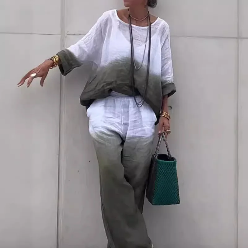 Spring Summer Fashion Cotton Linen Gradient Two-piece Set New Pocket Pant Sets Casual Three Quarter Loose Pullover Shirt Suit
Spring Summer Fashion Cotton Linen Gradient Two-piece Set New Pocket Pant Sets Casual Three Quarter Loose Pullover Shirt Suit