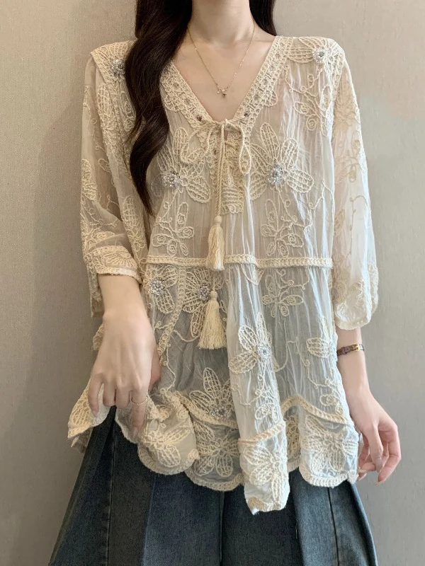 Bohemian Lace Shirt Women's Short Sleeve V-neck Mid-length plus Size Summer New Style Commute Style Loose Fit Korean Version
Bohemian Lace Shirt Women's Short Sleeve V-neck Mid-length plus Size Summer New Style Commute Style Loose Fit Korean Version