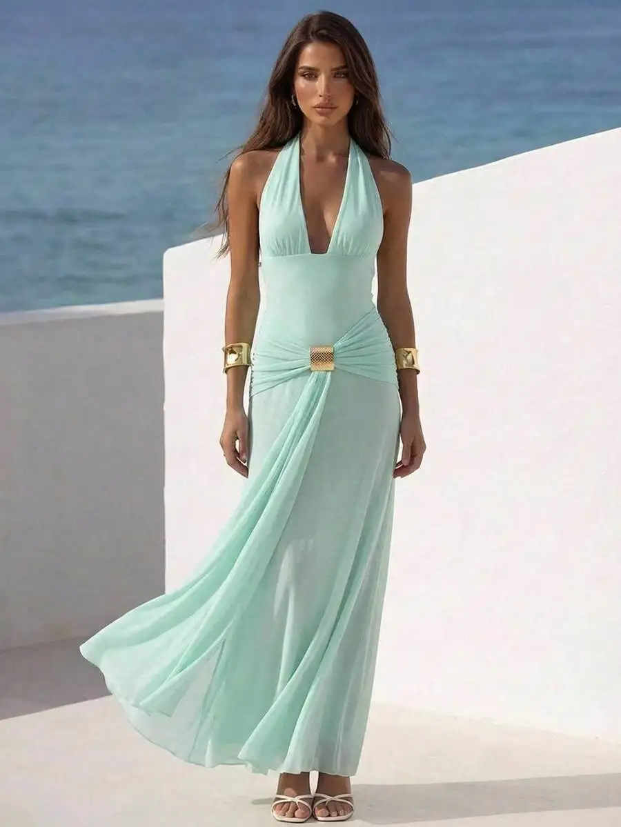 Womens Mint Green Deep V-Neck Halter Maxi Dress For Vacation Wedding Guest
Womens Mint Green Deep V-Neck Halter Maxi Dress For Vacation Wedding Guest