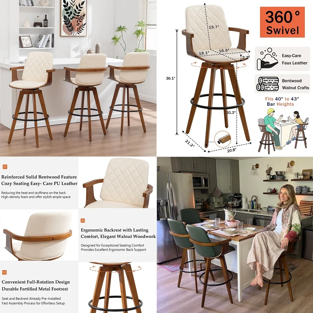 Bar Stools Set of 3 29.1 inch Mid Century Bar Stools with Walnut Craftsmanship, Curved Back and Arms, Upholstered Seat, Kitchen
Bar Stools Set of 3 29.1 inch Mid Century Bar Stools with Walnut Craftsmanship, Curved Back and Arms, Upholstered Seat, Kitchen