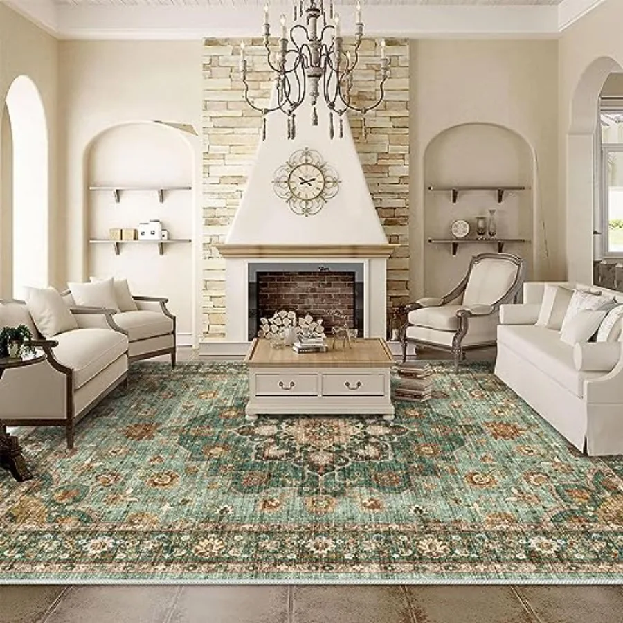 Washable Oriental area rug for living room and bedroom use, green cotton-blend with floral distressed pattern, waterproof, stai
Washable Oriental area rug for living room and bedroom use, green cotton-blend with floral distressed pattern, waterproof, stai