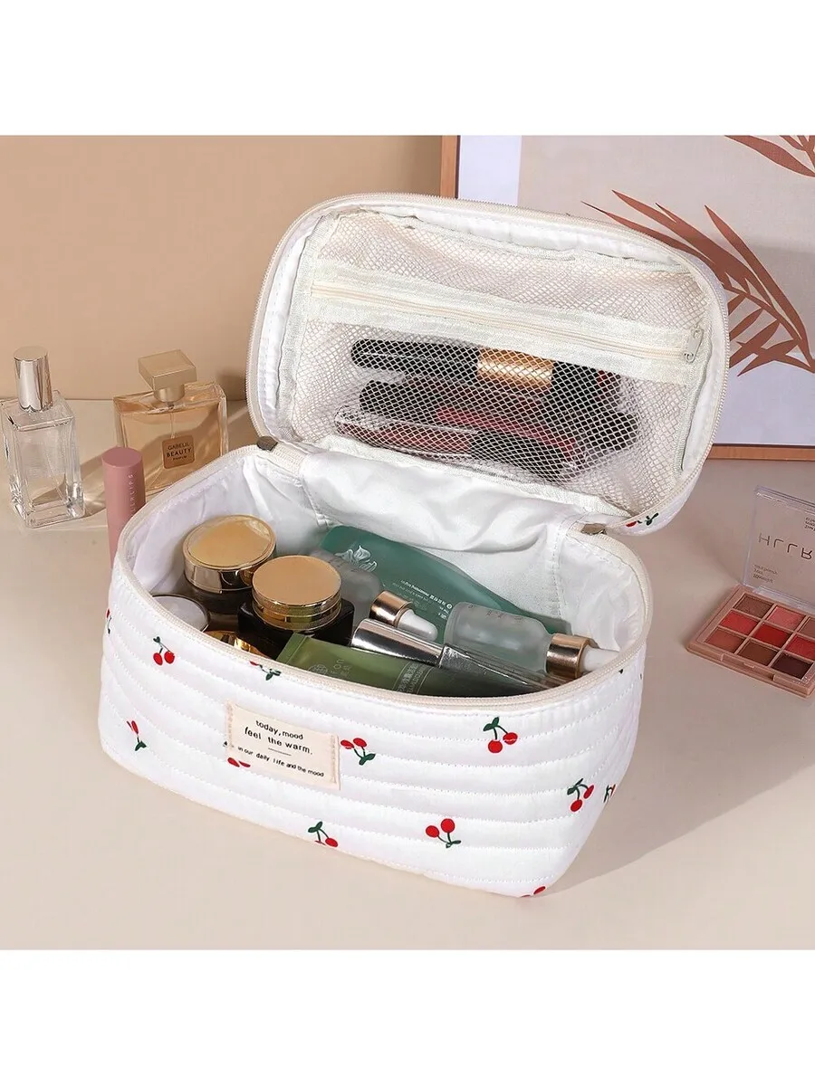 Quilted Cherry Pattern Cosmetic Bag With Mesh Pocket, Large Capacity Makeup Storage Pouch For Travel
Quilted Cherry Pattern Cosmetic Bag With Mesh Pocket, Large Capacity Makeup Storage Pouch For Travel