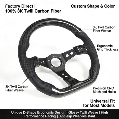 100% Carbon Fiber Steering Wheel | Glossy Surface, 320/350mm Size, Ultra Lightweight & High Strength Feature Factory Direct
100% Carbon Fiber Steering Wheel | Glossy Surface, 320/350mm Size, Ultra Lightweight & High Strength Feature Factory Direct