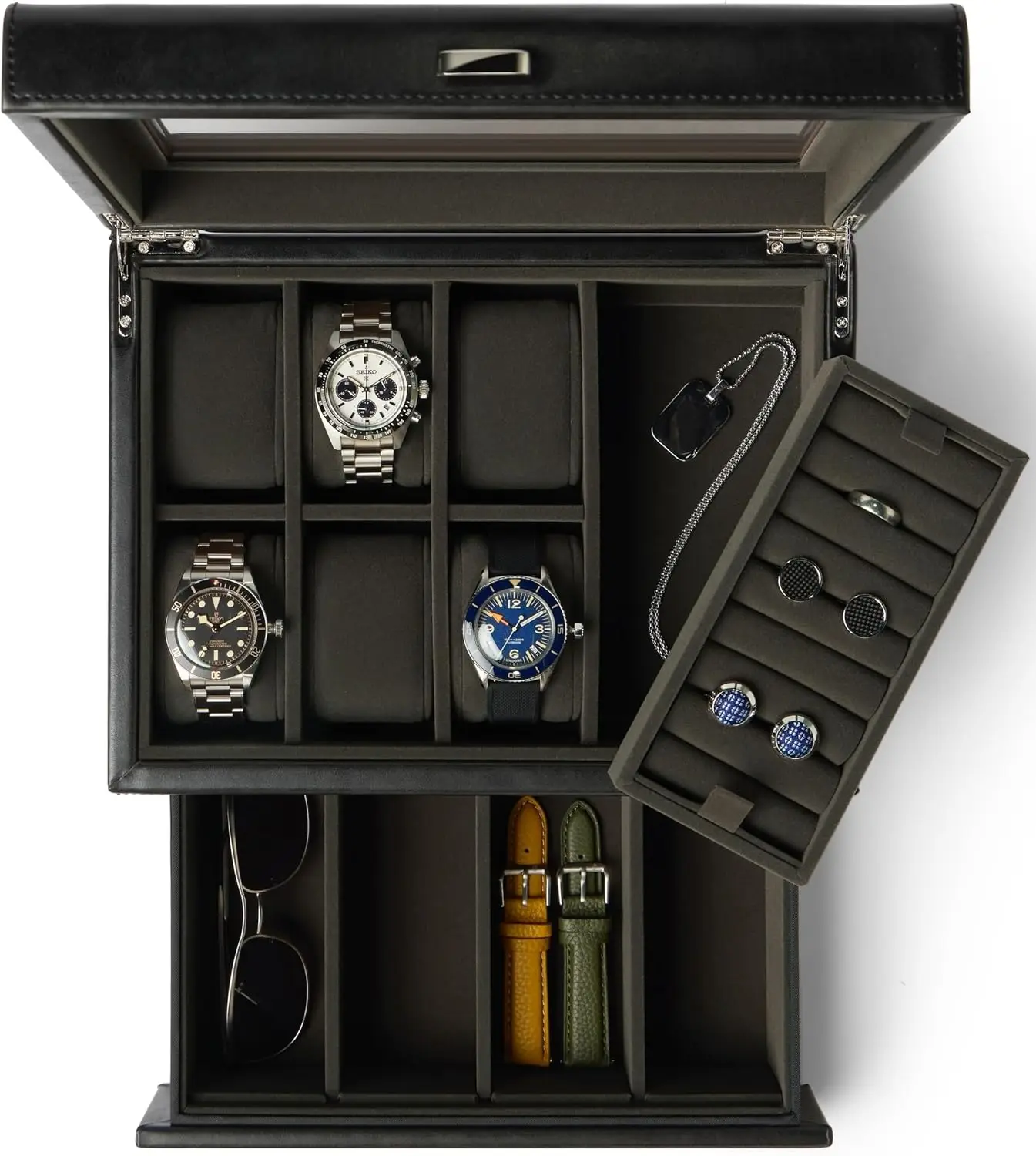6-Slot Watch & Jewelry Box with Glass Display, Removable Holders, Customizable Drawer for Sunglasses - Black/Charcoal
6-Slot Watch & Jewelry Box with Glass Display, Removable Holders, Customizable Drawer for Sunglasses - Black/Charcoal