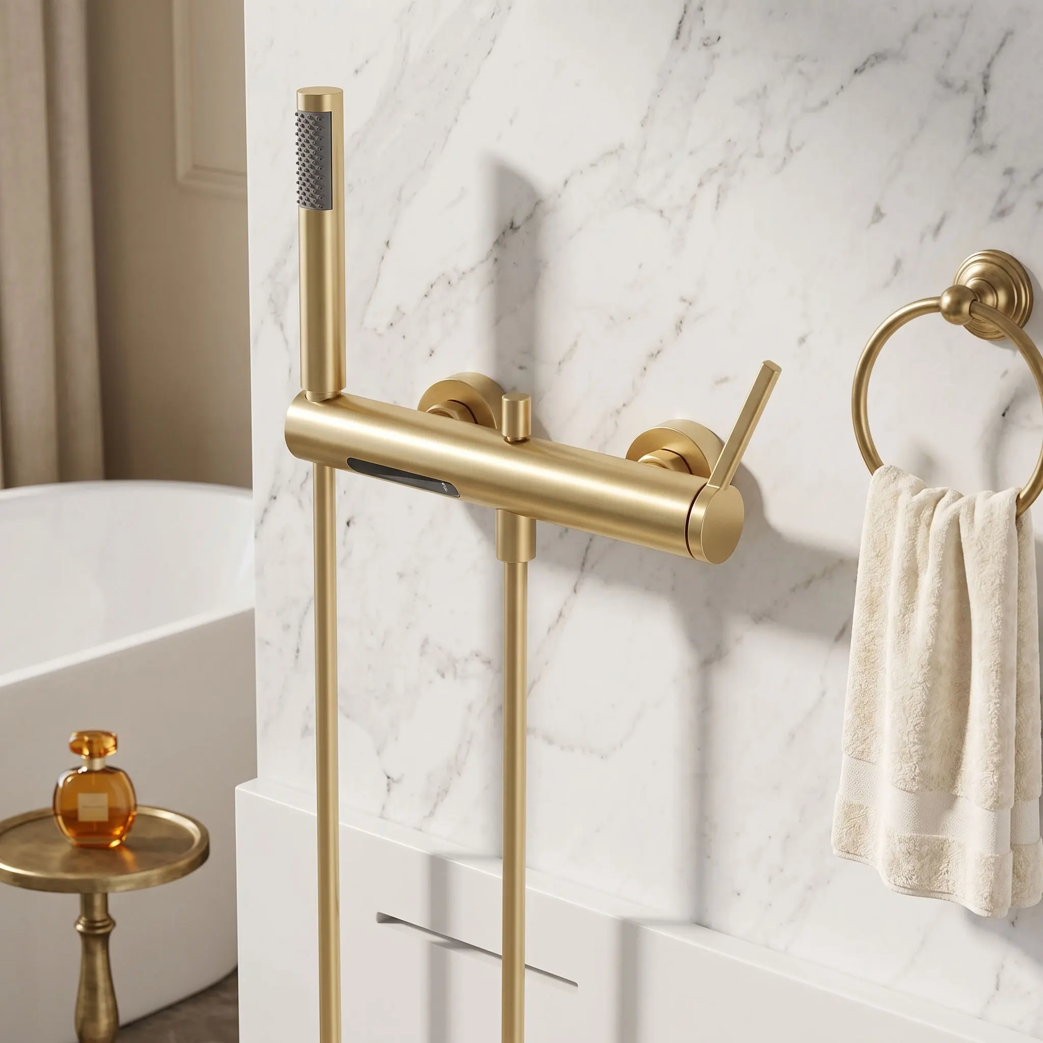 Brushed Gold Bathroom Shower Faucet Set Wall Mounted Waterfall Style Brass Bathtub Faucet Set
Brushed Gold Bathroom Shower Faucet Set Wall Mounted Waterfall Style Brass Bathtub Faucet Set