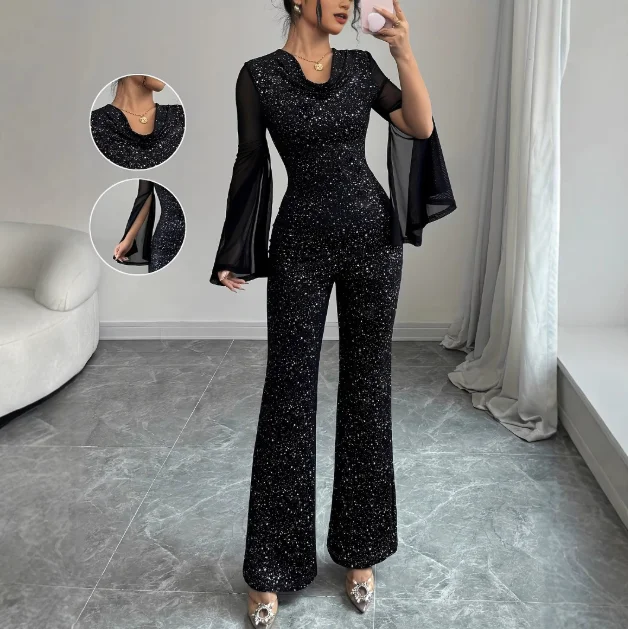 Women's Elegant Swing Collar High Seam Mesh Sleeve Splicing Knitted Jumpsuit Women's Spring and Summer Elegant Slim Fit Jumpsuit
Women's Elegant Swing Collar High Seam Mesh Sleeve Splicing Knitted Jumpsuit Women's Spring and Summer Elegant Slim Fit Jumpsuit