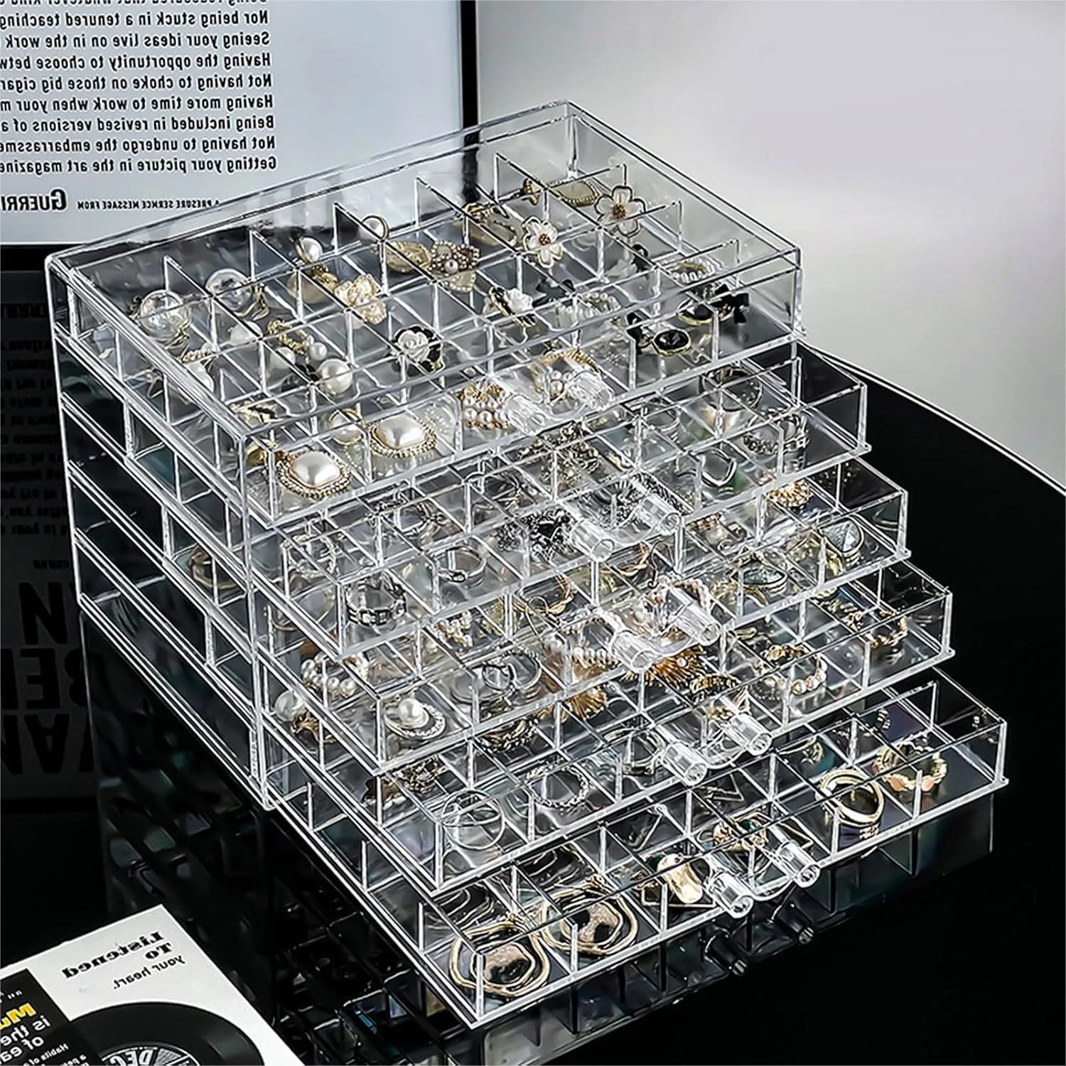 Acrylic Jewelry Storage Box with 5 Drawers, 120 Grids Earring Holder, Clear Ring Display Case for Beads, Nail Tips, Women Girls
Acrylic Jewelry Storage Box with 5 Drawers, 120 Grids Earring Holder, Clear Ring Display Case for Beads, Nail Tips, Women Girls