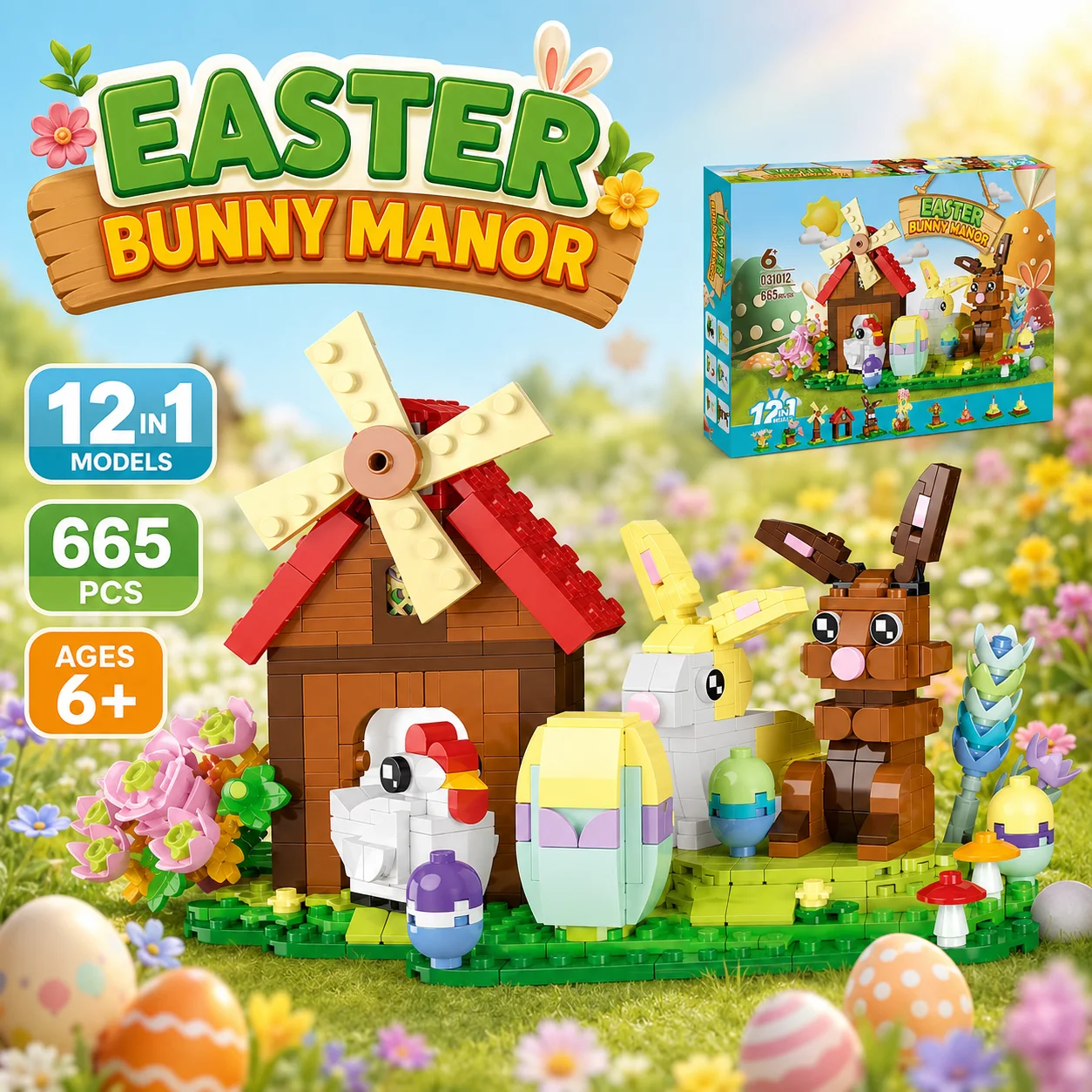 Easter Bunny Manor Building Blocks Set 665PCS 12-in-1 Windmill Bunny Chicken Egg Garden Scene Toy English Version
Easter Bunny Manor Building Blocks Set 665PCS 12-in-1 Windmill Bunny Chicken Egg Garden Scene Toy English Version