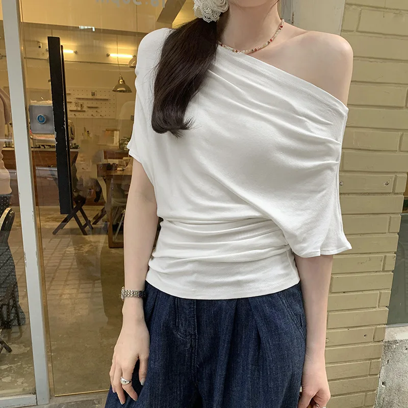 Women Elegant Spice Oblique One Shoulder Slash Shirring Short Sleeve T-Shirt Ruched Female Summer Pleating Slim Tops Office Lady
Women Elegant Spice Oblique One Shoulder Slash Shirring Short Sleeve T-Shirt Ruched Female Summer Pleating Slim Tops Office Lady