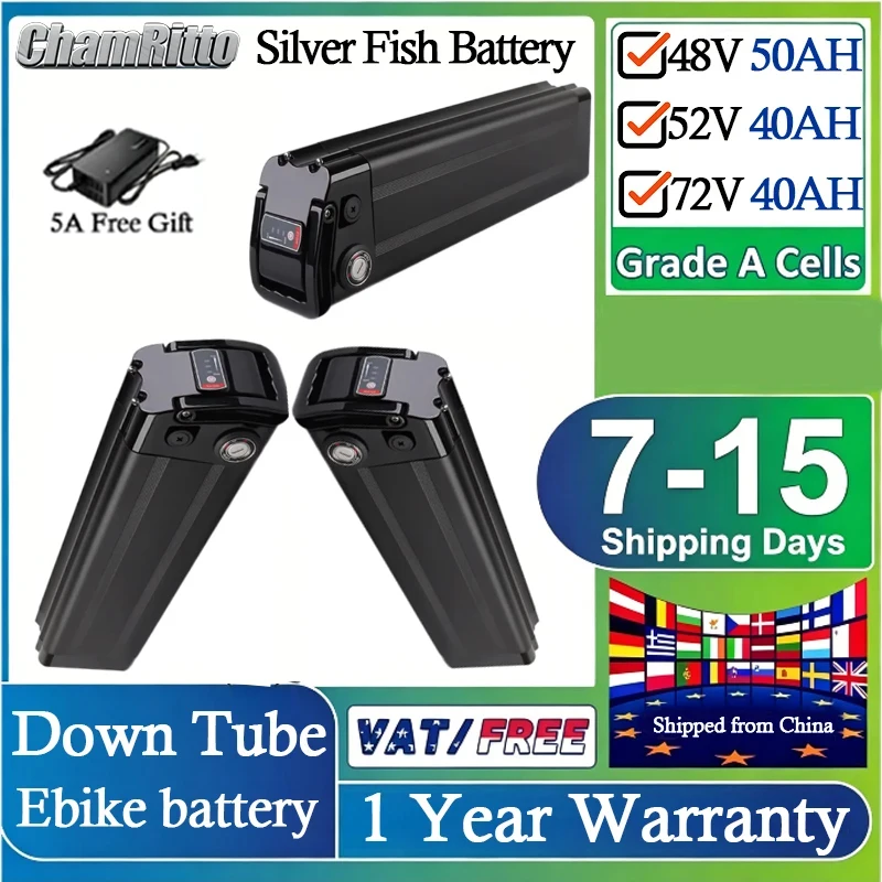 48 volt 30ah 1000W Silver Fish battery ebike s26 750W 20ah lithium battery 36v 52v 60v 72v Electric Bike 40ah 50ah 60ah Battery
48 volt 30ah 1000W Silver Fish battery ebike s26 750W 20ah lithium battery 36v 52v 60v 72v Electric Bike 40ah 50ah 60ah Battery