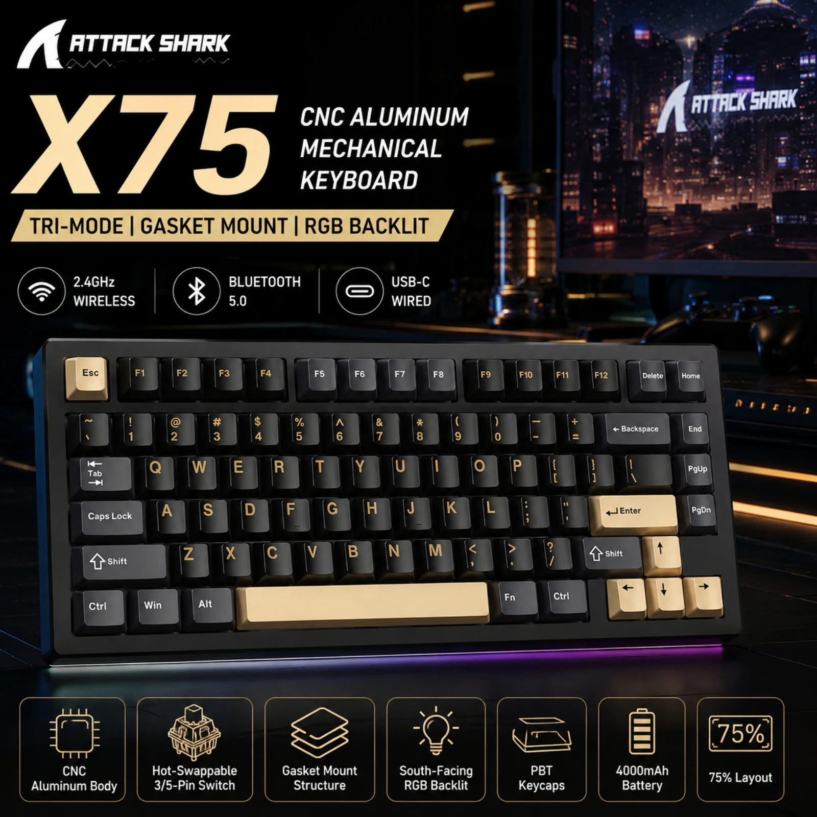ATTACK SHARK X75 75% Wireless Mechanical Keyboard | Full Aluminum & Gasket Mount | VIA & RGB | Hot-Swappable|4000mAh Battery
ATTACK SHARK X75 75% Wireless Mechanical Keyboard | Full Aluminum & Gasket Mount | VIA & RGB | Hot-Swappable|4000mAh Battery