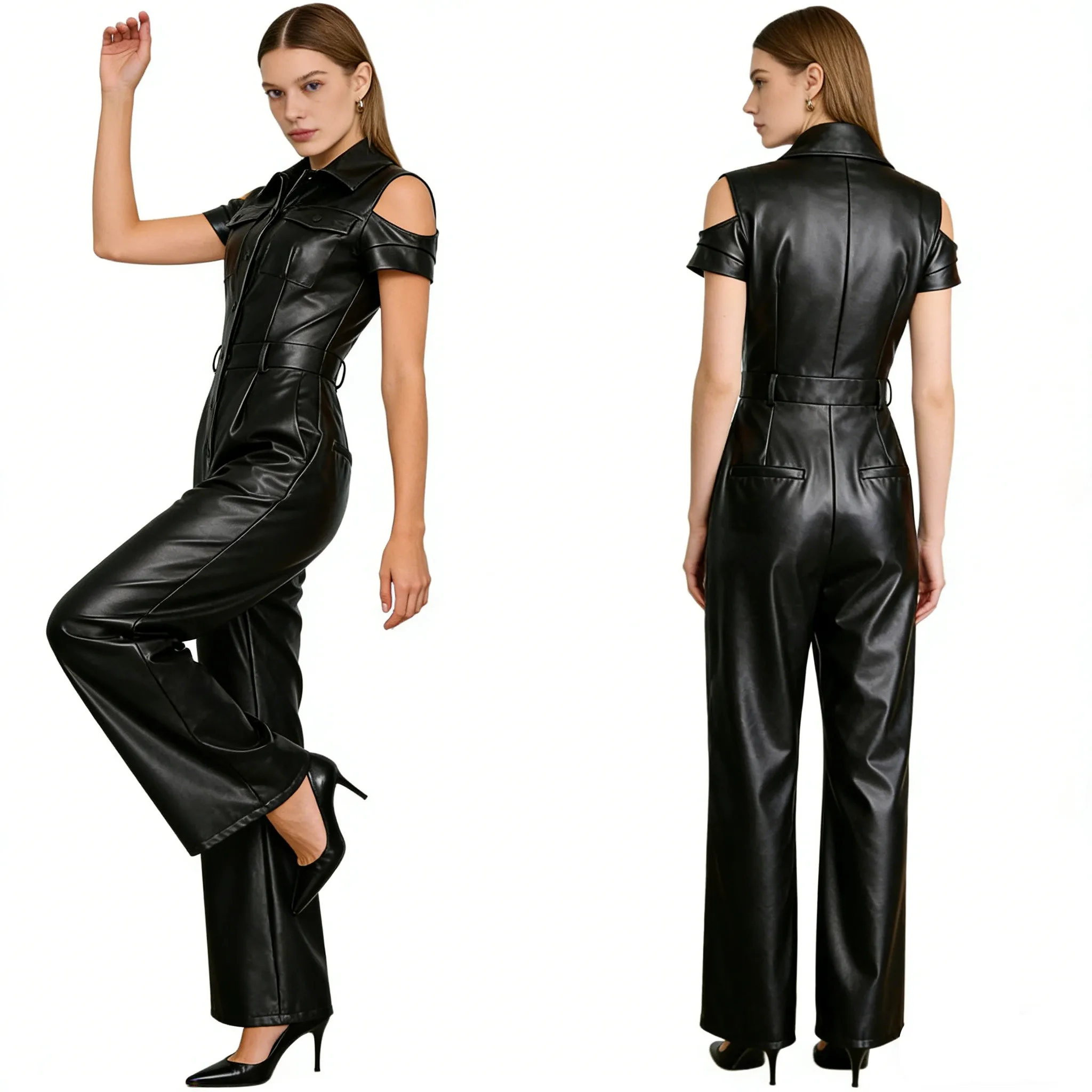 Women Fashion Casual PU Leather Overalls Short Sleeve Cold Shoulder Button Wide-leg Straight Cargo Jumpsuit Clubwear Streetwear
Women Fashion Casual PU Leather Overalls Short Sleeve Cold Shoulder Button Wide-leg Straight Cargo Jumpsuit Clubwear Streetwear