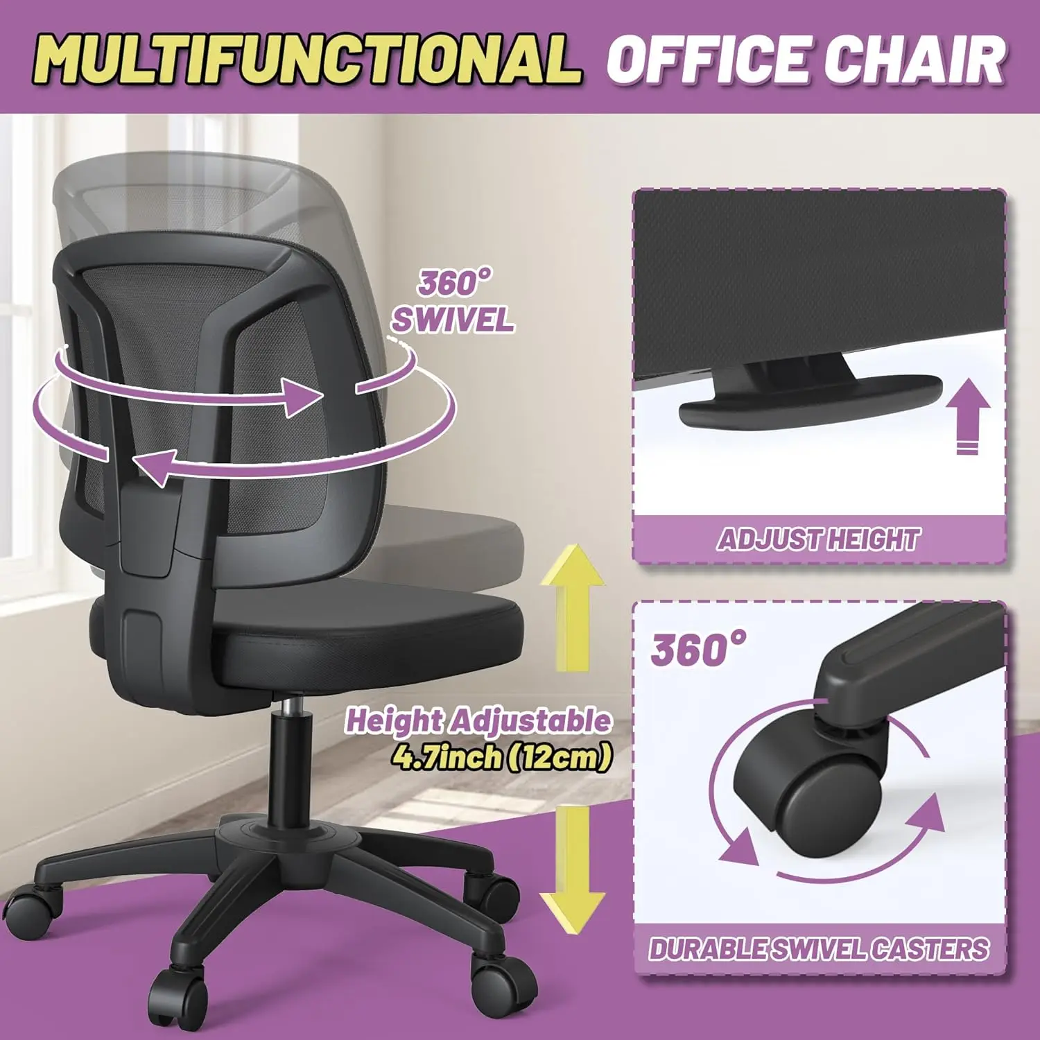 Armless Black Modern Mesh Back Study Desk Chair With Rolling Wheels For Home Office
Armless Black Modern Mesh Back Study Desk Chair With Rolling Wheels For Home Office