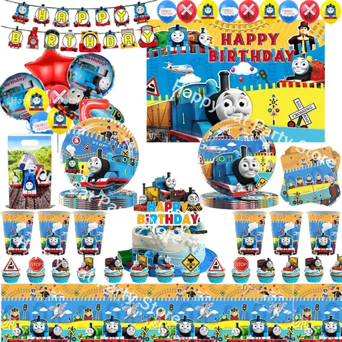 Thomas The Train Birthday Party Decor Thomas บนโต๊ะอาหารผ้าปูโต๊ะแผ่นถ้วยบอลลูนอาบน้ําเด็กเด็กโปรดปรานของขวัญ Party Supplies