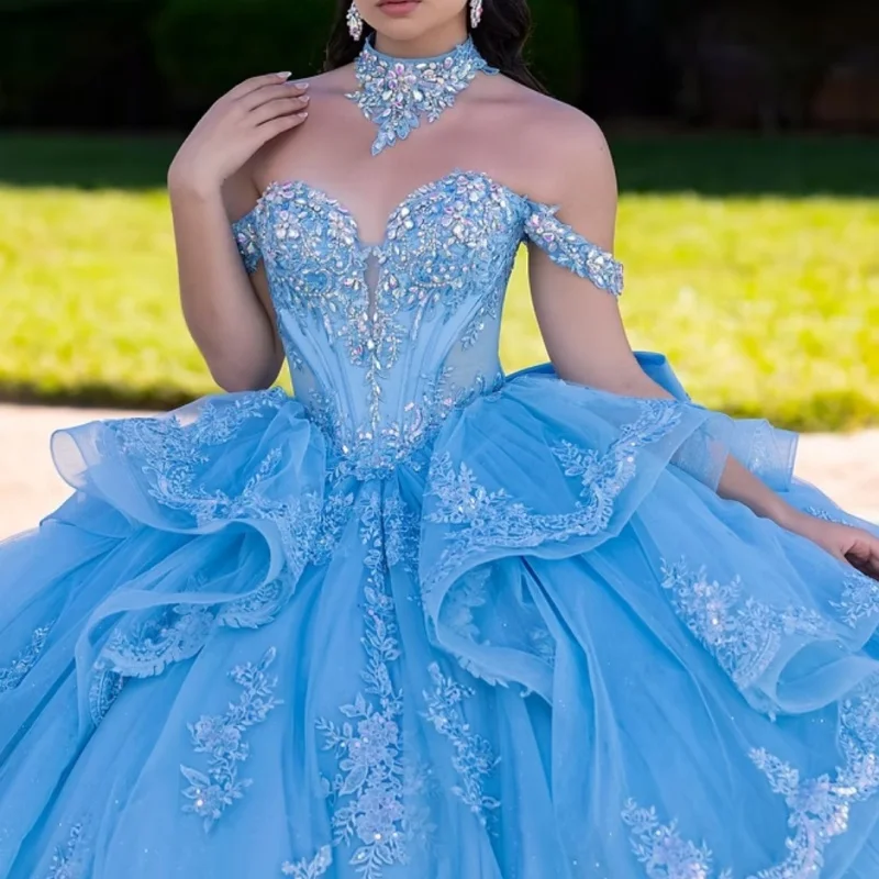 Blue Quinceanera Dress off-shoulder Glitter Crystal 3D Flower Decal Lace Layering Long tail Bow vestidos de 15 Quinceanera
Blue Quinceanera Dress off-shoulder Glitter Crystal 3D Flower Decal Lace Layering Long tail Bow vestidos de 15 Quinceanera 