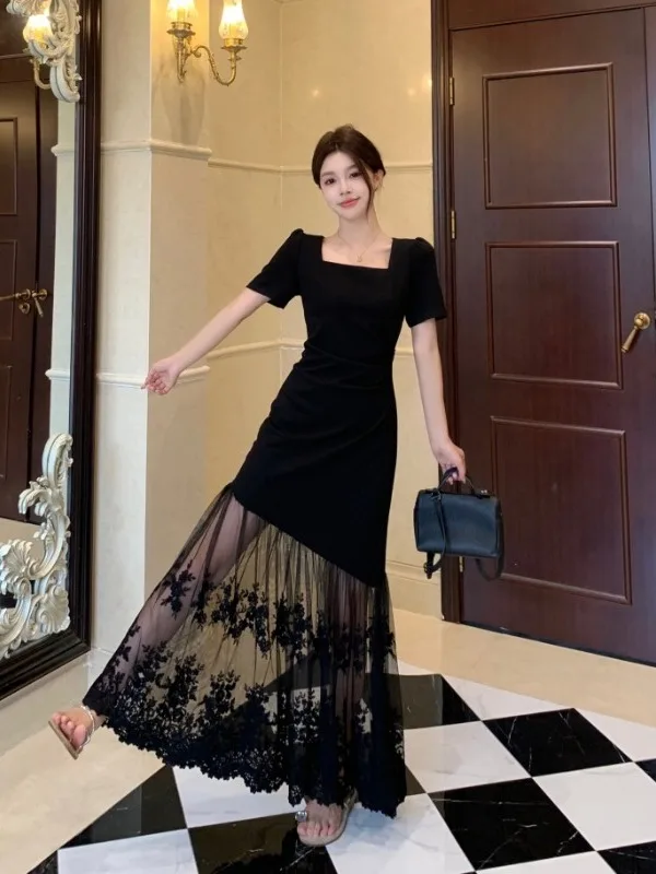 plus Size Women's Black Lace Splice Short Sleeve Dress Summer New Waist Cinched A-Line Skirt Commute Style High Waist Midi Dress
plus Size Women's Black Lace Splice Short Sleeve Dress Summer New Waist Cinched A-Line Skirt Commute Style High Waist Midi Dress