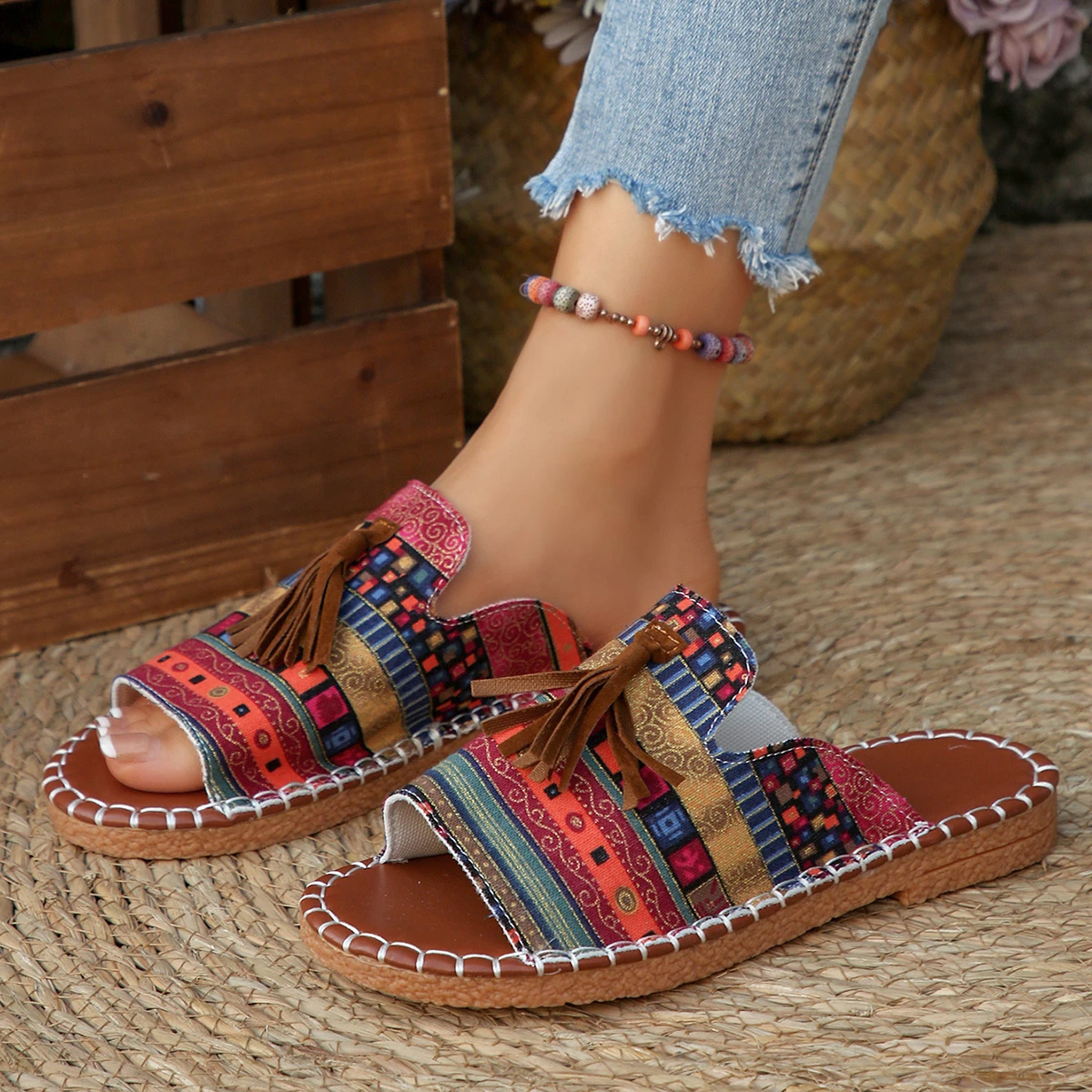 Comfortable Open Toe Slides for Women, Tribal Pattern with Tassel, Boho Casual Footwear 17 Sf253aed6875a45c1b4066f6e9ffc0e93d
