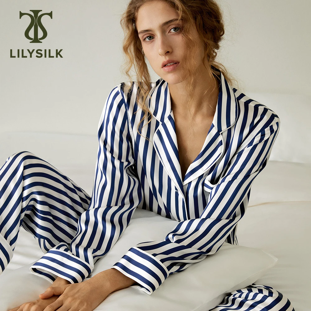 LILYSILK Women's Pure Silk Pajama Set Ladies Amalfi Button-Up Full Length Striped Sleepwear with Adjustable Waist with Silk Tie
LILYSILK Women's Pure Silk Pajama Set Ladies Amalfi Button-Up Full Length Striped Sleepwear with Adjustable Waist with Silk Tie
