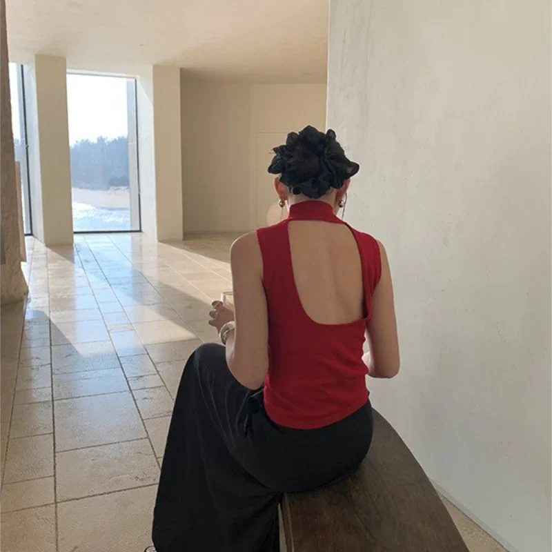 Retro Red Backless Sleeveless Vest For Women 2025 Summer New Semi High Neck Knitted Wool Top
Retro Red Backless Sleeveless Vest For Women 2025 Summer New Semi High Neck Knitted Wool Top