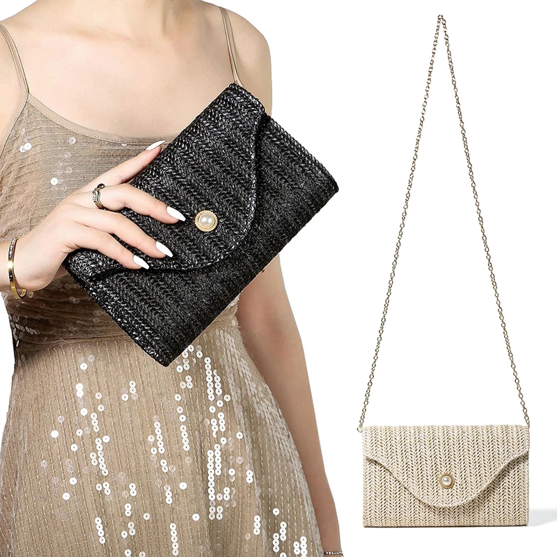 Women Pearl Embellished Straw Clutch Bag Flip-top Buckle Fashionable Stylish Lightweight Handbag with Long Chain Envelope Bags
Women Pearl Embellished Straw Clutch Bag Flip-top Buckle Fashionable Stylish Lightweight Handbag with Long Chain Envelope Bags