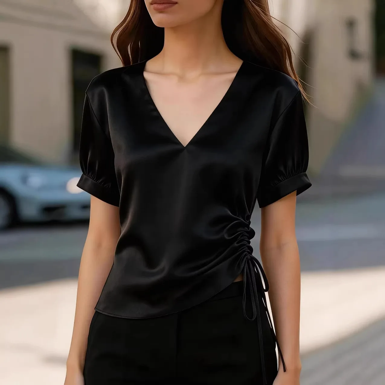 2026 Summer Ladies New Satin V-neck Drawstring Waist Slimming Top for Women
2026 Summer Ladies New Satin V-neck Drawstring Waist Slimming Top for Women